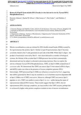 Removal of Spo11 from Meiotic DNA Breaks in Vitro but Not in Vivo by Tyrosyl DNA Phosphodiesterase 2