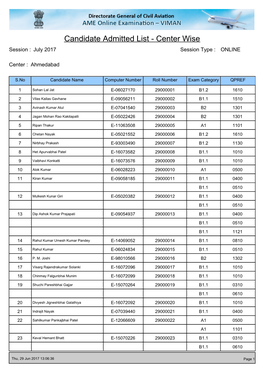 Candidate Admitted List - Center Wise Session : July 2017 Session Type : ONLINE