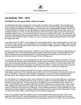 Jim Bridwell, 1944 – 2018 the WORLD Has Lost a Great Climber, Friend, and Mentor