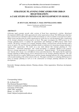 Strategic Planning Indicators for Urban Regeneration: a Case Study on Mixed-Use Development in Seoul