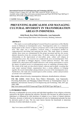 Preventing Radicalism and Managing Cultural Diversity in Transmigration Areas in Indonesia