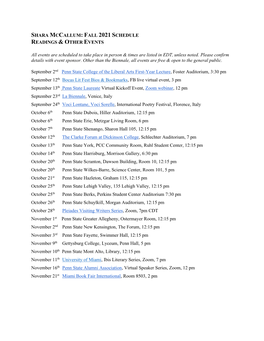 Fall 2021 Schedule Readings & Other Events