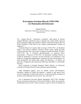 Il Trevigiano Giordano Riccati (1709-1790) E La Matematica Del Settecento