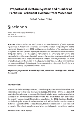 Proportional Electoral Systems and Number of Parties in Parliament Evidence from Macedonia