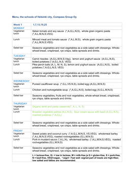 Menu, the Schools of Helsinki City, Compass Group Oy