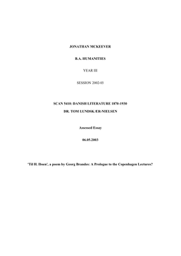 DANISH LITERATURE 1870-1930 DR. TOM LUNDSKÆR-NIELSEN Asse