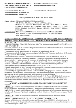 DEPARTEMENT DU BAS-RHIN Extrait Des Délibérations Du Conseil ARRONDISSEMENT DE MOLSHEIM Municipal Du 16 Décembre 2014 COMMUNE DE LUTZELHOUSE