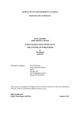 RATIONALISING INSECTICIDE USE in the CONTROL of WIREWORMS by P R Samson SD97010