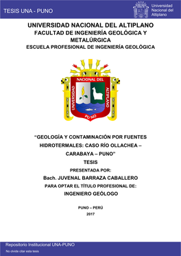 GEOLOGÍA Y CONTAMINACIÓN POR FUENTES HIDROTERMALES: CASO RÍO OLLACHEA – CARABAYA – PUNO” TESIS PRESENTADA POR: Bach