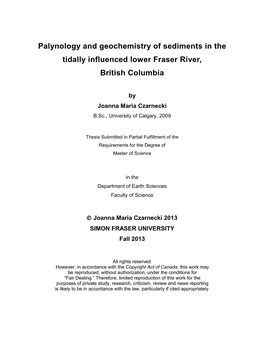 Palynology and Geochemistry of Sediments in the Tidally Influenced Lower Fraser River, British Columbia