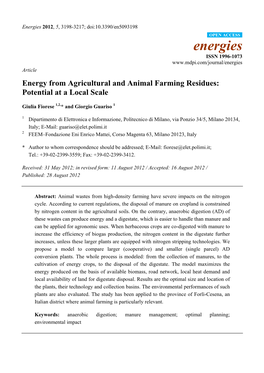 Energy from Agricultural and Animal Farming Residues: Potential at a Local Scale