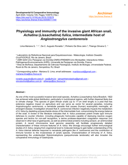 Physiology and Immunity of the Invasive Giant African Snail, Achatina (Lissachatina) Fulica, Intermediate Host of Angiostrongylus Cantonensis