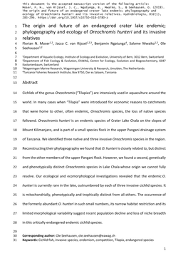 The Origin and Future of an Endangered Crater Lake Endemic; Phylogeography and Ecology of Oreochromis Hunteri and Its Invasive Relatives