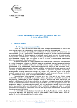 RAPORT PRIVIND FINANȚELE PUBLICE LOCALE PE ANUL 2019 La Nivelul Județului TIMIȘ