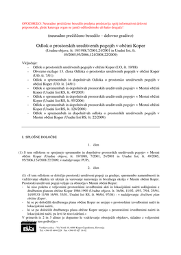 Odlok O Prostorskih Ureditvenih Pogojih V Občini Koper