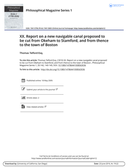 XX. Report on a New Navigable Canal Proposed to Be Cut from Okeham to Stamford, and from Thence to the Town of Boston