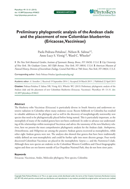 Preliminary Phylogenetic Analysis of the Andean Clade and the Placement of New Colombian Blueberries (Ericaceae, Vaccinieae)