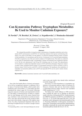 Can Kynurenine Pathway Tryptophan Metabolites Be Used to Monitor Cadmium Exposure?