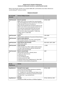 Herbert Hurst's Calendar of Muniments Volumes 31-33