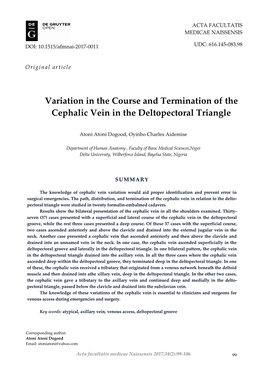 Variation in the Course and Termination of the Cephalic Vein in the Deltopectoral Triangle