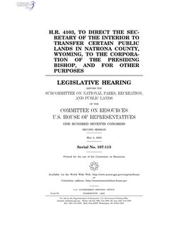 Legislative Hearing Committee on Resources U.S. House Of