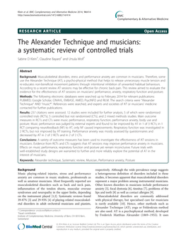 The Alexander Technique and Musicians: a Systematic Review of Controlled Trials Sabine D Klein†, Claudine Bayard† and Ursula Wolf*