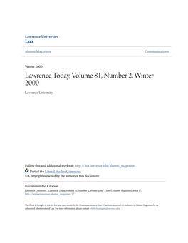 Lawrence Today, Volume 81, Number 2, Winter 2000 Lawrence University