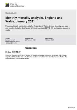 Monthly Mortality Analysis, England and Wales: January 2021