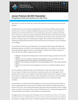 Jensen Partners Q2 2021 Newsletter: Hiring Boom Kicks Into Overdrive for Alts Firms