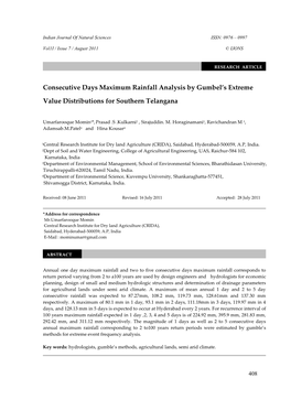 Consecutive Days Maximum Rainfall Analysis by Gumbel's Extreme Value Distributions for Southern Telangana