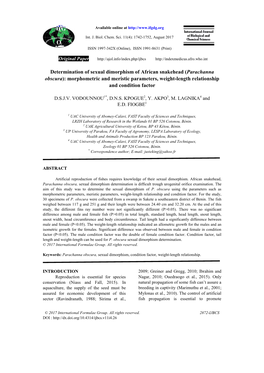 Parachanna Obscura): Morphometric and Meristic Parameters, Weight-Length Relationship and Condition Factor