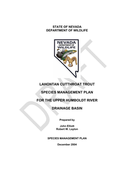 Lahontan Cutthroat Trout Species Management Plan for the Upper Humboldt River Drainage Basin