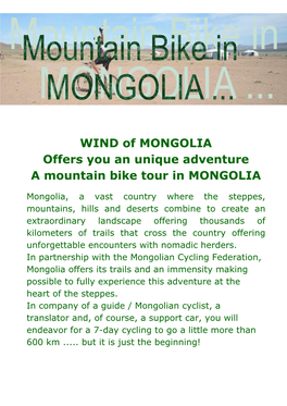 WIND of MONGOLIA Offers You an Unique Adventure a Mountain Bike Tour in MONGOLIA