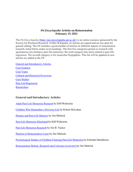 General and Introductory Articles Case Features Case Types Cultural and Historical Overviews Case Studies Past-Life Regression Researchers