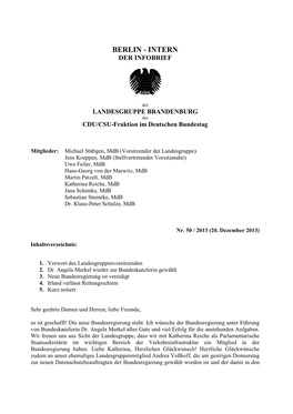 BERLIN - INTERN DER INFOBRIEF  Der LANDESGRUPPE BRANDENBURG Der CDU/CSU-Fraktion Im Deutschen Bundestag