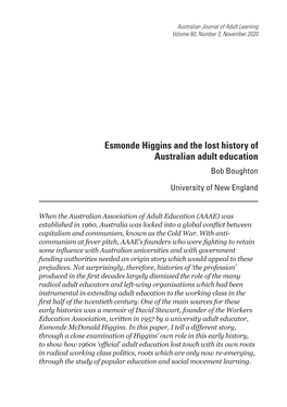 Esmonde Higgins and the Lost History of Australian Adult Education Bob Boughton