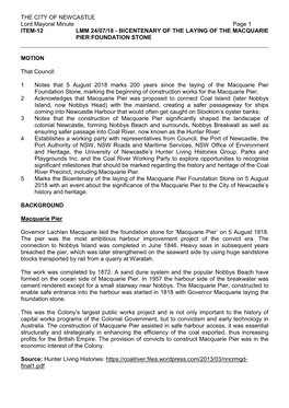 Lord Mayoral Minute Page 1 ITEM-12 LMM 24/07/18 - BICENTENARY of the LAYING of the MACQUARIE PIER FOUNDATION STONE