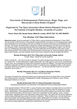 'Documents of Shakespearean Performance: Stage, Page, And