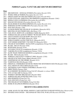 NORMAN And/Or NANCY BLAKE SOUND RECORDINGS