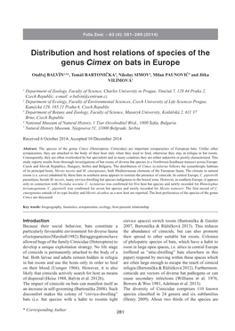 Distribution and Host Relations of Species of the Genus Cimex on Bats in Europe