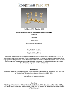 An Important Set of Four Silver-Gilt Royal Candlesticks Silver-Gilt George III London, 1814 Maker's Mark of Paul Storr