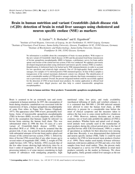 (Vcjd): Detection of Brain in Retail Liver Sausages Using Cholesterol and Neuron Specific Enolase (NSE) As Markers