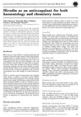 Hirudin As an Anticoagulant for Both Haematology and Chemistry Tests