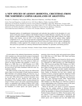 A New Species of Akodon (Rodentia, Cricetidae) from the Northern Campos Grasslands of Argentina