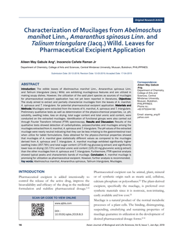 Characterization of Mucilages from Abelmoschus Manihot Linn., Amaranthus Spinosus Linn. and Talinum Triangulare (Jacq.) Willd