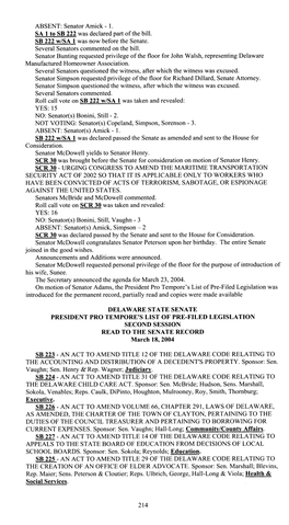 DELAWARE STATE SENATE PRESIDENT PRO TEMPORE's LIST of PRE-FILED LEGISLATION SECOND SESSION READ to the SENATE RECORD March 18, 2004