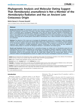 That Hemidactylus Anamallensis Is Not a Member of the Hemidactylus Radiation and Has an Ancient Late Cretaceous Origin