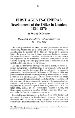 FIRST AGENTS-GENERAL Development of the Office in London, 18601876 by Wayne O'donohue