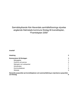 Samrådsyttrande Från Haverdals Samhällsförenings Styrelse Angående Halmstads Kommuns Förslag Till Översiktsplan, “Framtidsplan 2050”