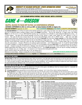 GAME 4—OREGON BUFFS, DUCKS to FACE OFF in PAC-12 CONFERENCE OPENER SATURDAY, SEPTEMBER 24, 2016 3:37 P.M